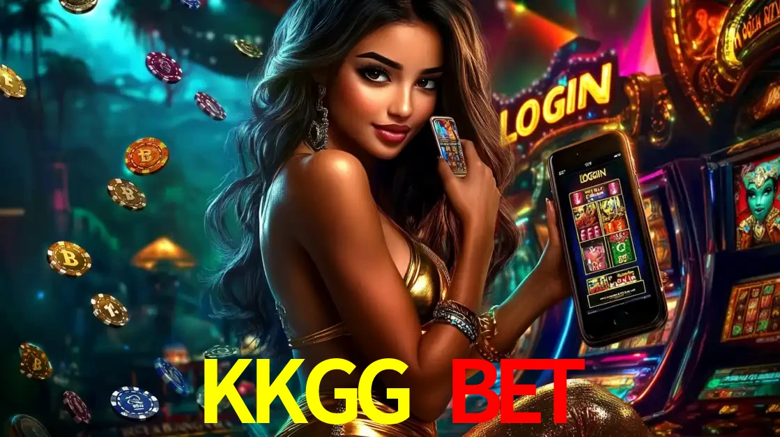 Mulher em um cenário de cassino temático de aventura, mostrando o app de caça-níqueis da KKGG BET no celular. Fichas de apostas flutuam ao redor.