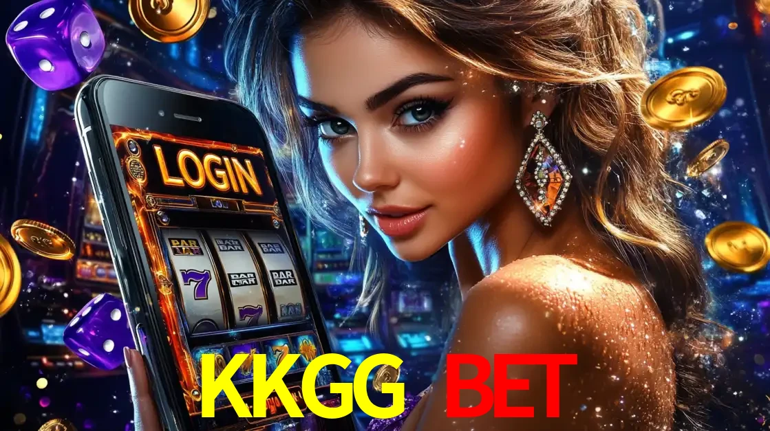 Mulher glamorosa segurando um smartphone com a tela de login para os jogos de caça-níqueis do cassino online KKGG BET, com moedas de ouro e dados ao redor.