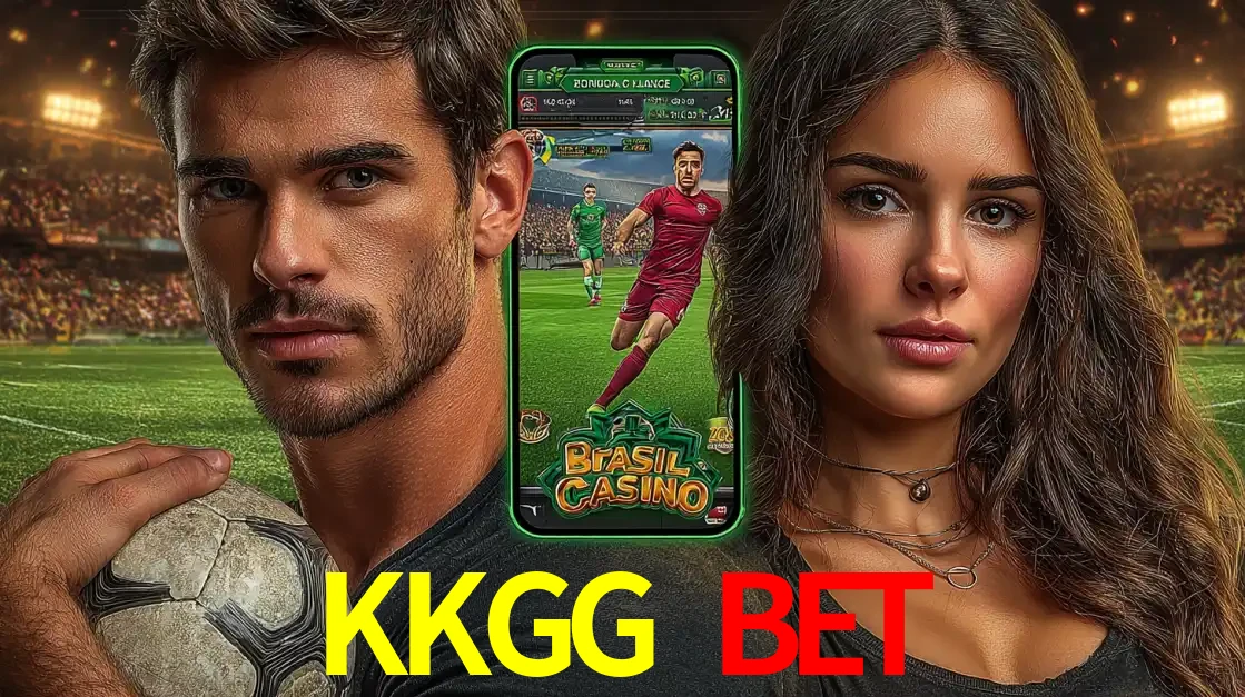 Homem segurando uma bola de futebol e uma mulher ao lado de um smartphone exibindo o jogo de apostas esportivas da KKGG BET. Faça seu palpite no cassino online.